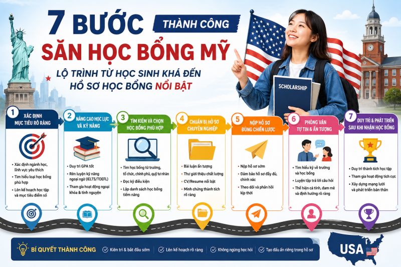 7 BƯỚC SĂN HỌC BỔNG MỸ THÀNH CÔNG: LỘ TRÌNH TỪ HỌC SINH KHÁ ĐẾN HỒ SƠ HỌC BỔNG NỔI BẬT